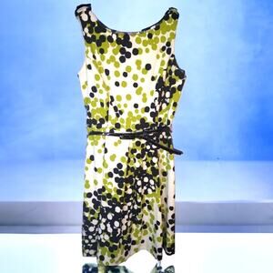 Ronni Nicole Sz 10 Green Black Polka Dot Belted Pleated Midi Dress V Back